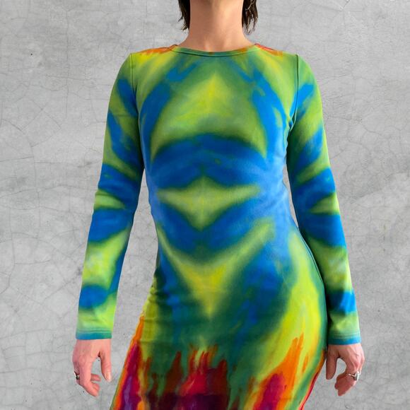 Ice Dyed Bodycon Dress - Long-sleeve Night Out - Hippie Boho Women's XLarge - Picture 1 of 11